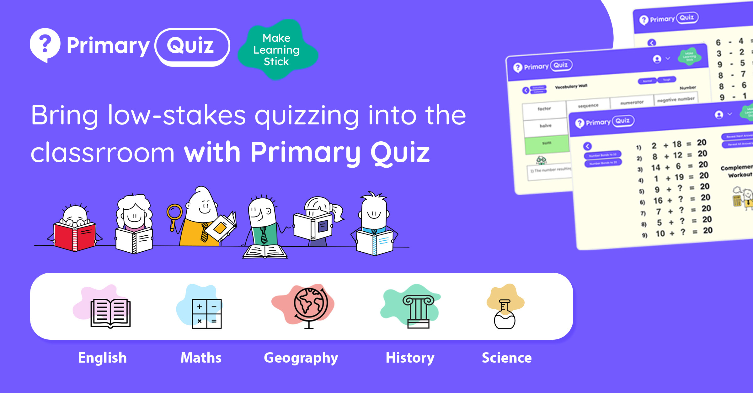 PrimaryQuiz's tweet card. Bring low-stakes quizzing to your classroom. Hundreds of curriculum quizzes for integrating retrieval strategies into your English, Maths, Geography, History and Science lessons.