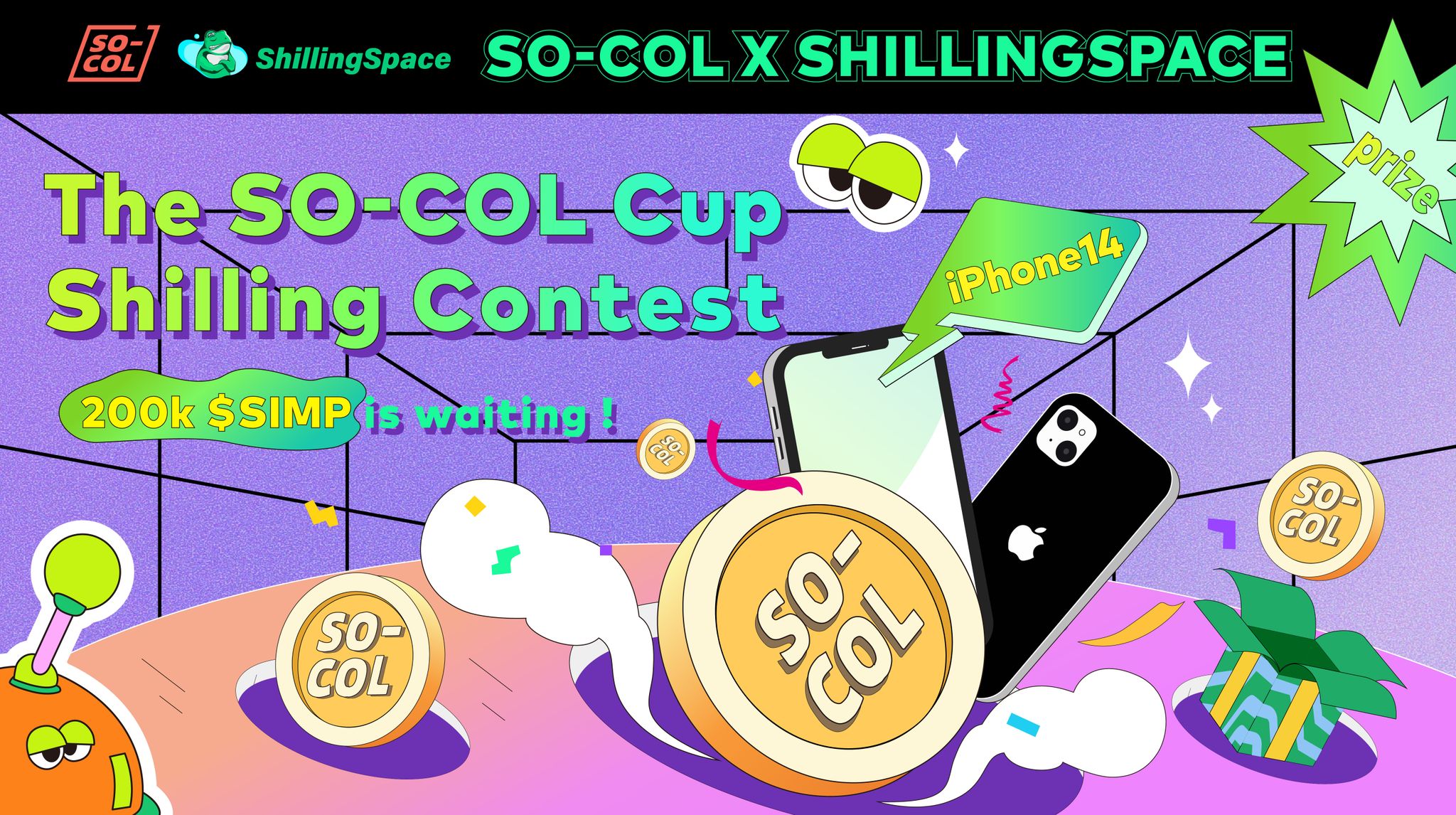 shilling_space's tweet card. The 2023 SO-COL Cup Shilling Contest is about to start, and 200K $SIMP &iPhone14 is waiting for you!