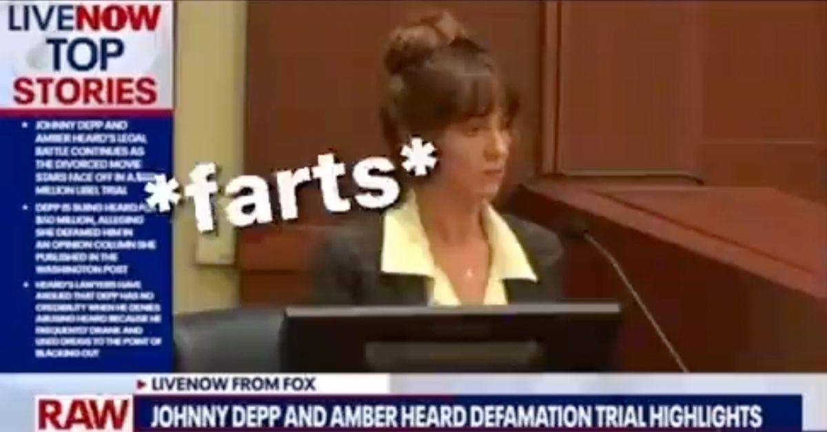 Distractify's tweet card. A viral video shows a woman farting while taking the stand in Amber Heard and Johnny Depp's defamation trial. Who is she and was that an actual fart?