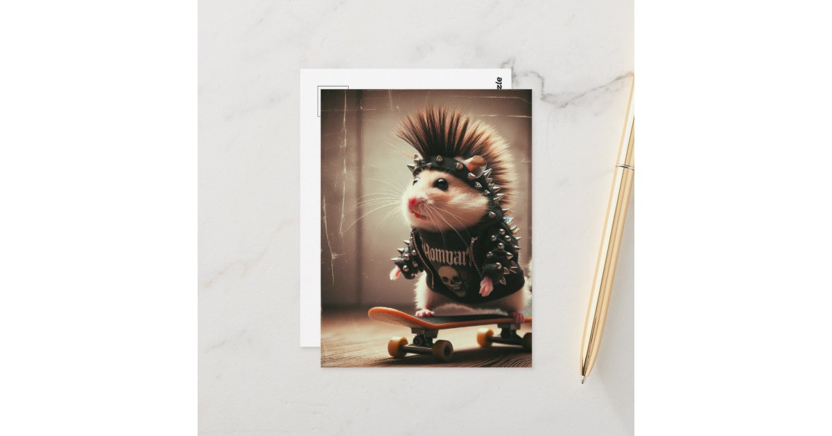 angelandspot's tweet card. A cute punk rock skateboarding hamster in a 1980s style scratched up photo style