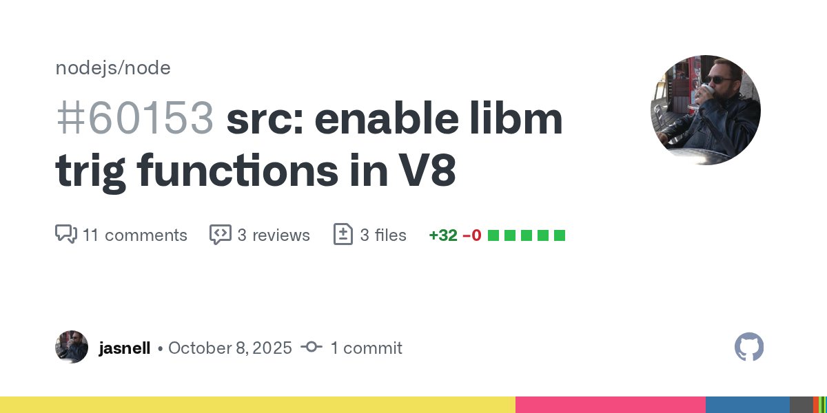 KentonVarda's tweet card. Should provide better performance on some platforms. confidence improvement accuracy (*) (**) (***) util/trig.js n=1000000 *** 37.41 % ±2.11% ±2.81% ±3.67...