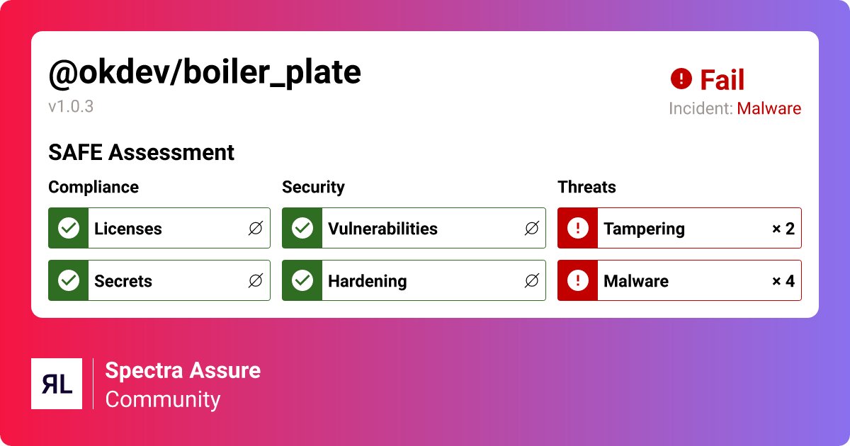 ReversingLabs's tweet card. Supply chain risk analysis for @okdev/boiler_plate@1.0.3. Learn more about package security, deployment risks, vulnerabilities, popularity, versions, and more with ReversingLabs.