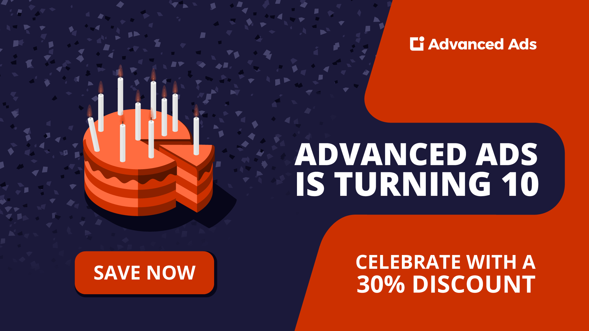 wpAdvancedAds's tweet card. Advanced Ads is turning 10 and we celebrate with a 30% discount, a look back on our history, stats, users’ success stories and on the team.