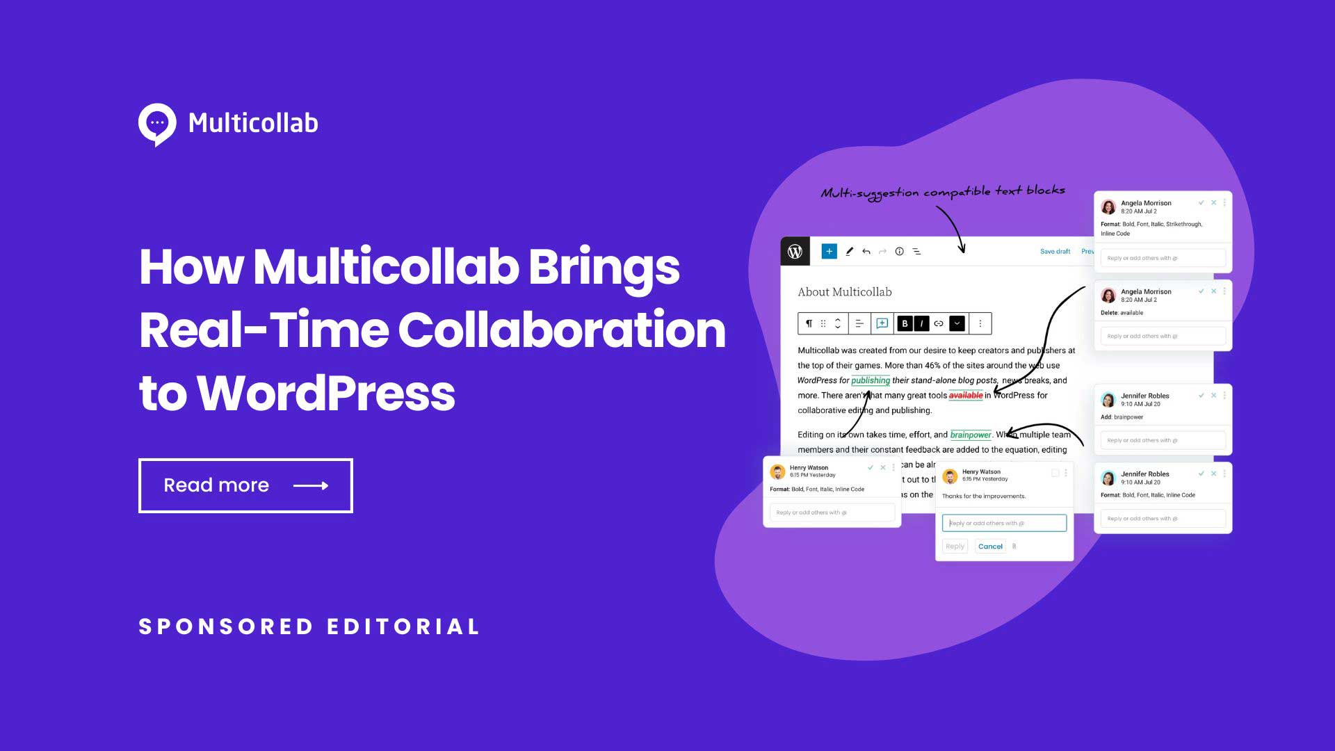 therepositorywp's tweet card. Built by Multidots, Multicollab brings comments, suggestions, and real-time collaboration to the WordPress block editor.
