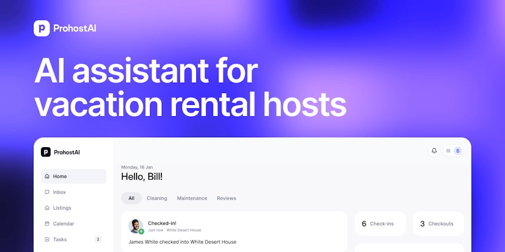 prohostAI's tweet card. ProhostAI – all‑in‑one AI assistant for guest messaging, maintenance, cleanings, upsells & guidebooks so vacation rental hosts can scale stress‑free. Available on web, iOS and Android for hosts on...