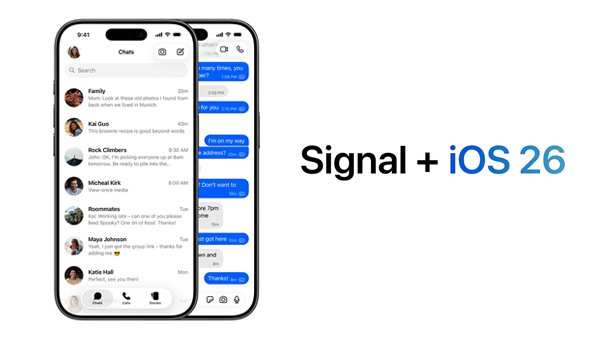 AboutSignalNL's tweet card. Het nieuwe Liquid Glass-design is beschikbaar in Signal-versie 7.86 voor iedereen met een iPhone met iOS 26 of een iPad met iPadOS 26.