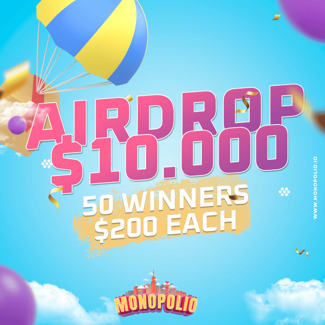 monopolionft's tweet card. We want to thank our community with this Airdrop, where 50 of you can win $200, 500 $tokens at listing price ($0.40).