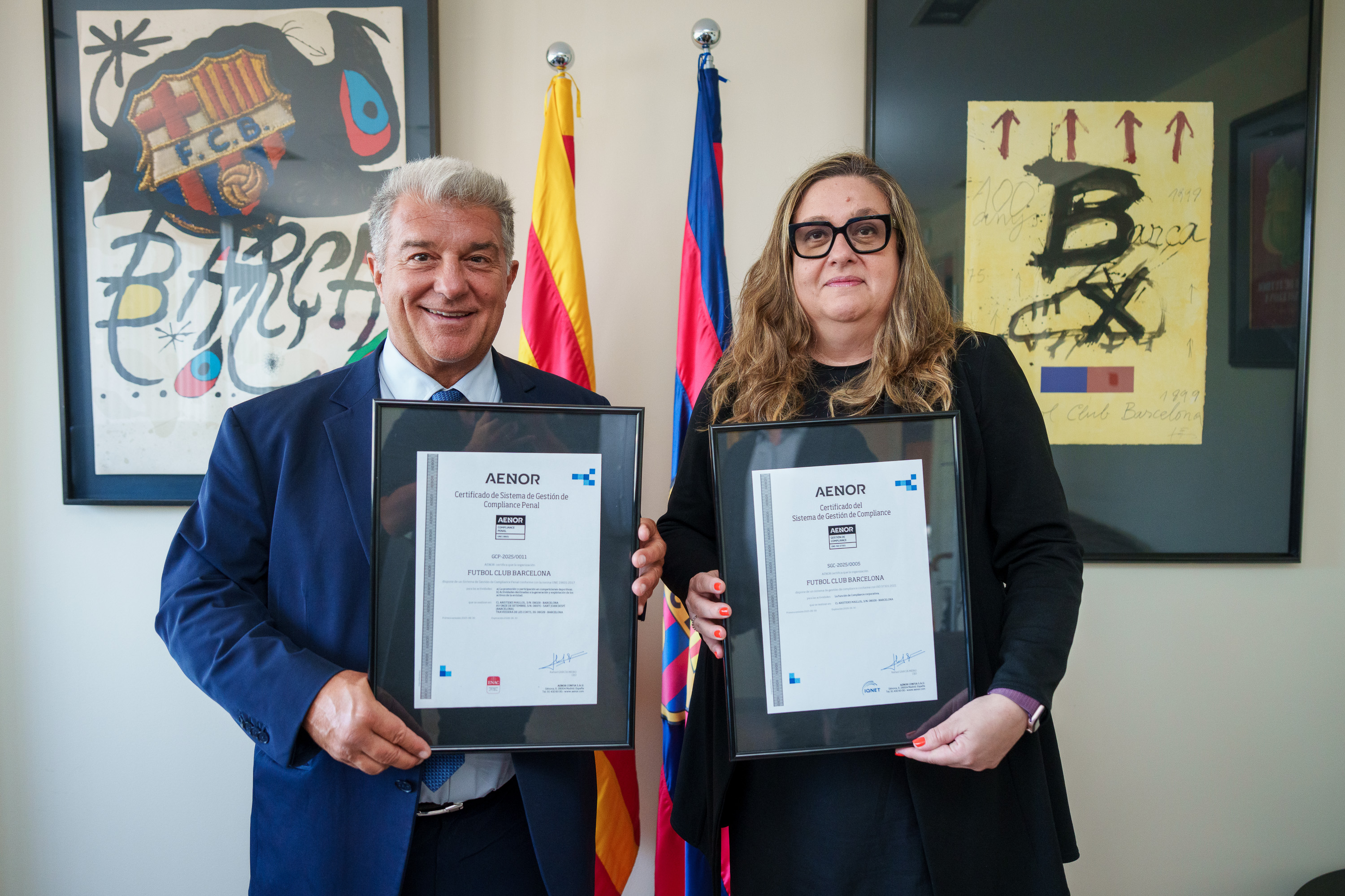 FCBarcelona's tweet card. Club has obtained ISO 37301 and UNE 19601 certifications, which confirm its commitment to implementing a culture of ethics and compliance in management