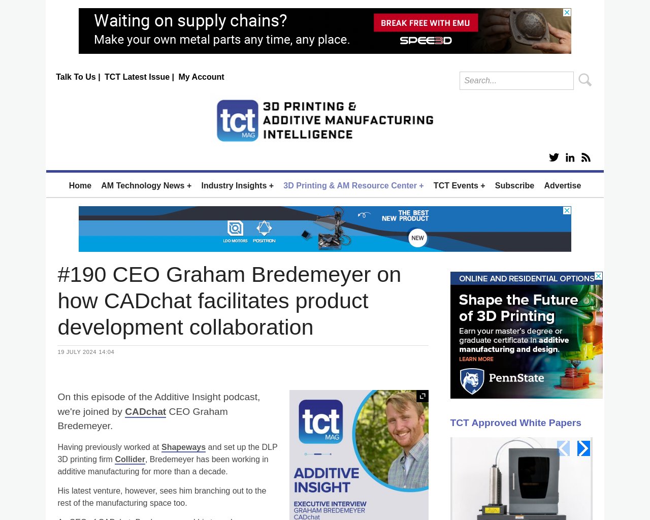 managetech_inc's tweet card. 要約: CADchatのCEOであるGraham BredemeyerがAdditive Insightポッド