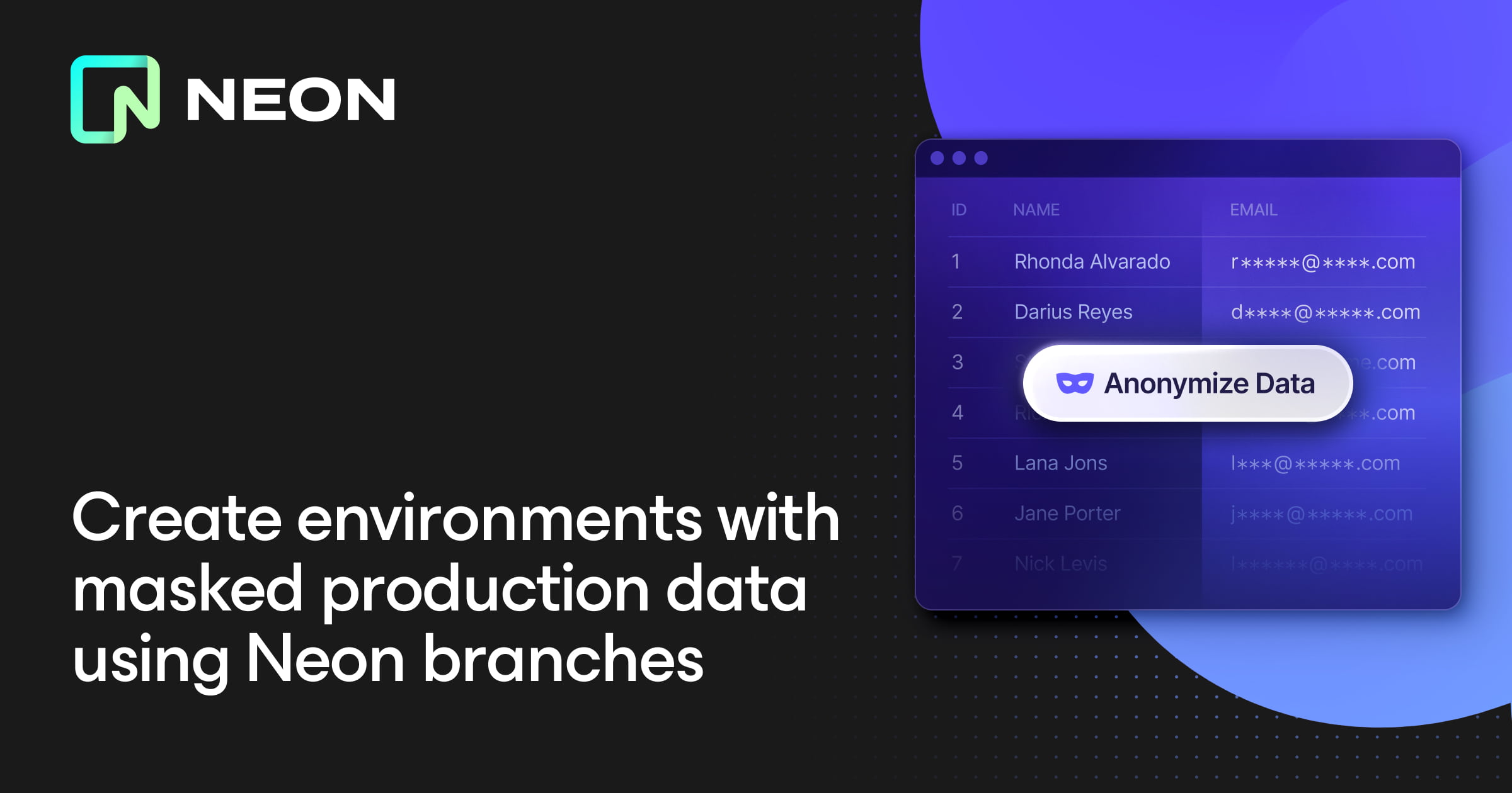 neondatabase's tweet card. Use Neon branching and static masking via PostgreSQL Anonymizer to safely replicate real environments, even with PII in production.