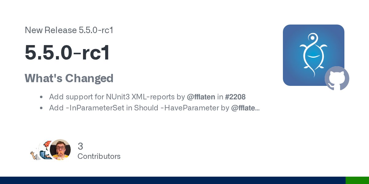 PSPester's tweet card. What's Changed Add support for NUnit3 XML-reports by @fflaten in #2208 Add -InParameterSet in Should -HaveParameter by @fflaten in #2273 CI Treat Errors As Warnings - ref #2295 by @erikgraa in...