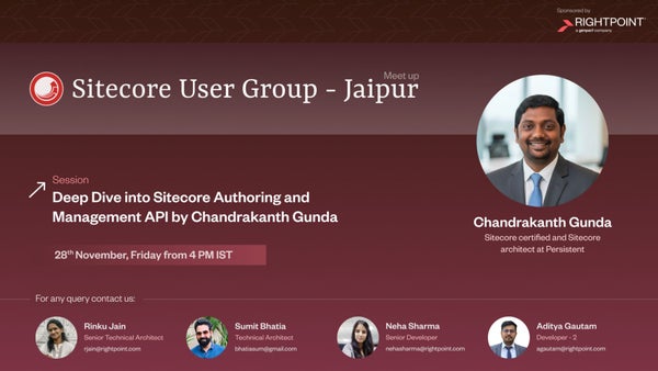 bhatiasum's tweet card. We’re happy to announce our “**Sitecore User Group Jaipur**” meetup on **Friday, 28th November 2025**, from **4:00-5:00 PM IST** **Venue** \- This will be an online event\