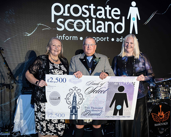 projectscot's tweet card. Helen Fleming, Mike Stark, and Mae Bell SELECT used its 125th Anniversary Grand Ball to make a £2,500 donation to Prostate Scotland as part of a campaign to ...
