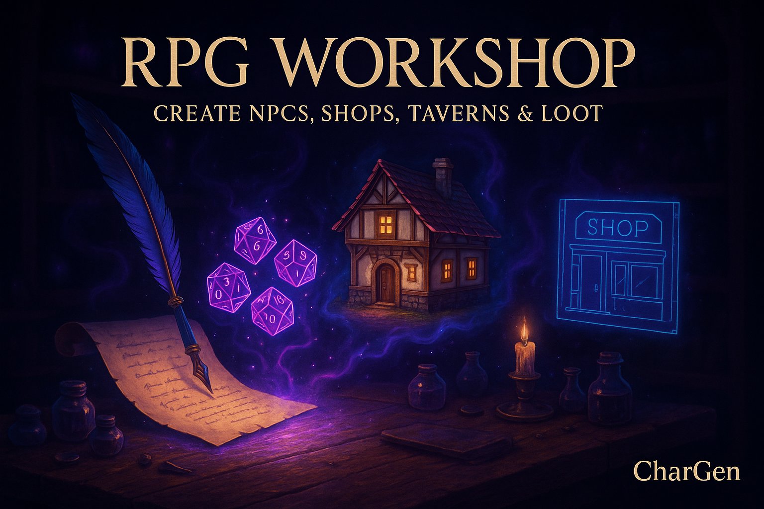 char_genAI's tweet card. Create D&D NPCs, shops, taverns, loot and more in seconds using free RPG generators from CharGen.