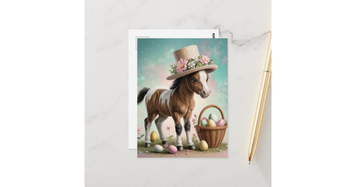 angelandspot's tweet card. An adorable Easter foal in a fancy Easter hat with a basket of colorful Easter eggs