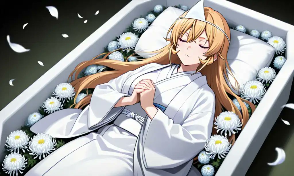 fs8kRDDXNoyMgkZ's tweet card. '幽霊(前)娘 薙切えりな' by しょうやま features tags like 1girl, ponytail, kimono, lying, pillow, looking_at_viewer, praying, long_hair, blonde_hair, closed_eyes, coffin, obi, multiple_views, long_sleeves, parted...