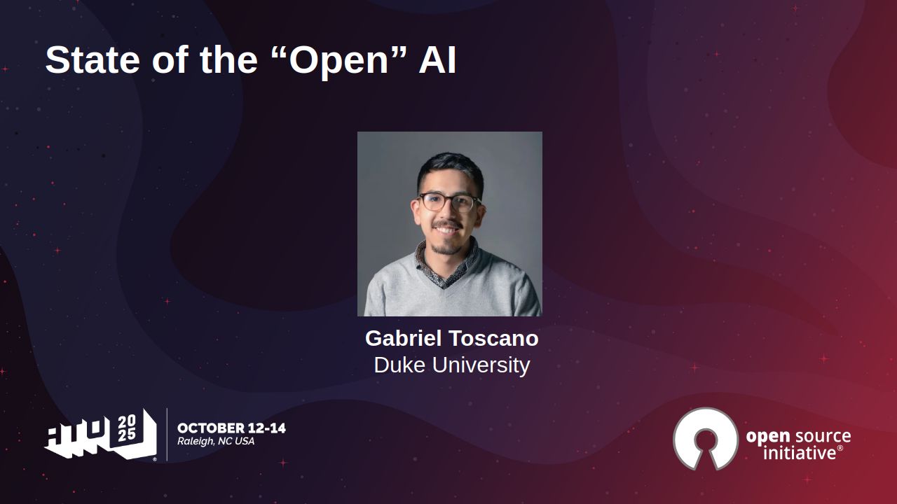 OpenSourceOrg's tweet card. The OSI hosted the State of the Source Track at ATO. Gabriel Toscano from Duke University led the State of the “Open” AI session, unpacking what it really means when models call themselves open.