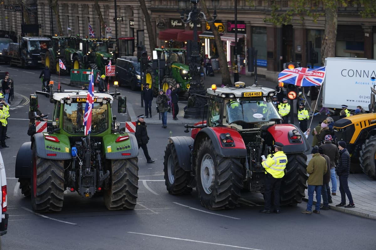 Perusing263544's tweet card. Farmers have parked more than a dozen tractors in Westminster London today as they protest against the Budget.