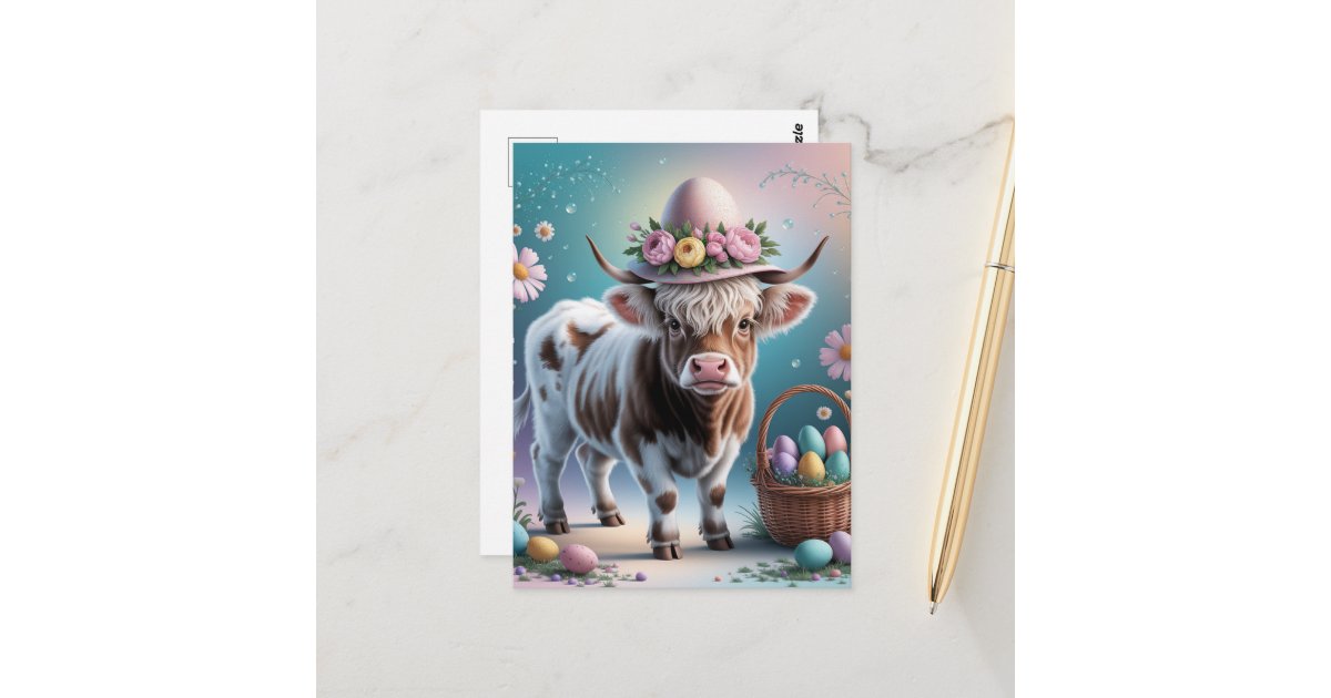 angelandspot's tweet card. All rights reserved © Angelandspot AI generated adorable Highland cow in a fancy Easter hat posing next to a basket of Easter eggs