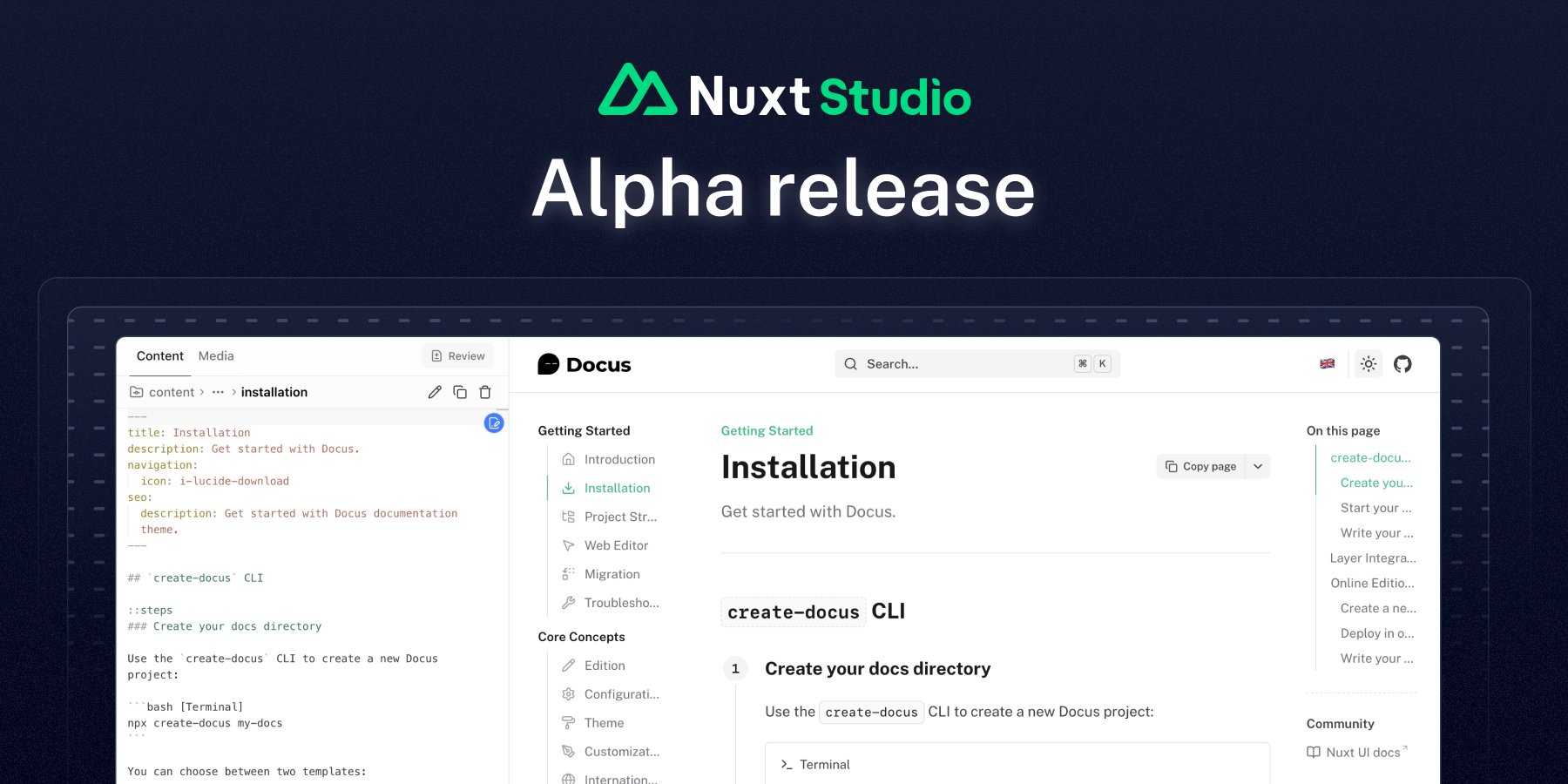 nuxt_js's tweet card. Introducing the first alpha release of Nuxt Studio as a free, open-source Nuxt module. Edit your content in production with GitHub integration and real-time preview.