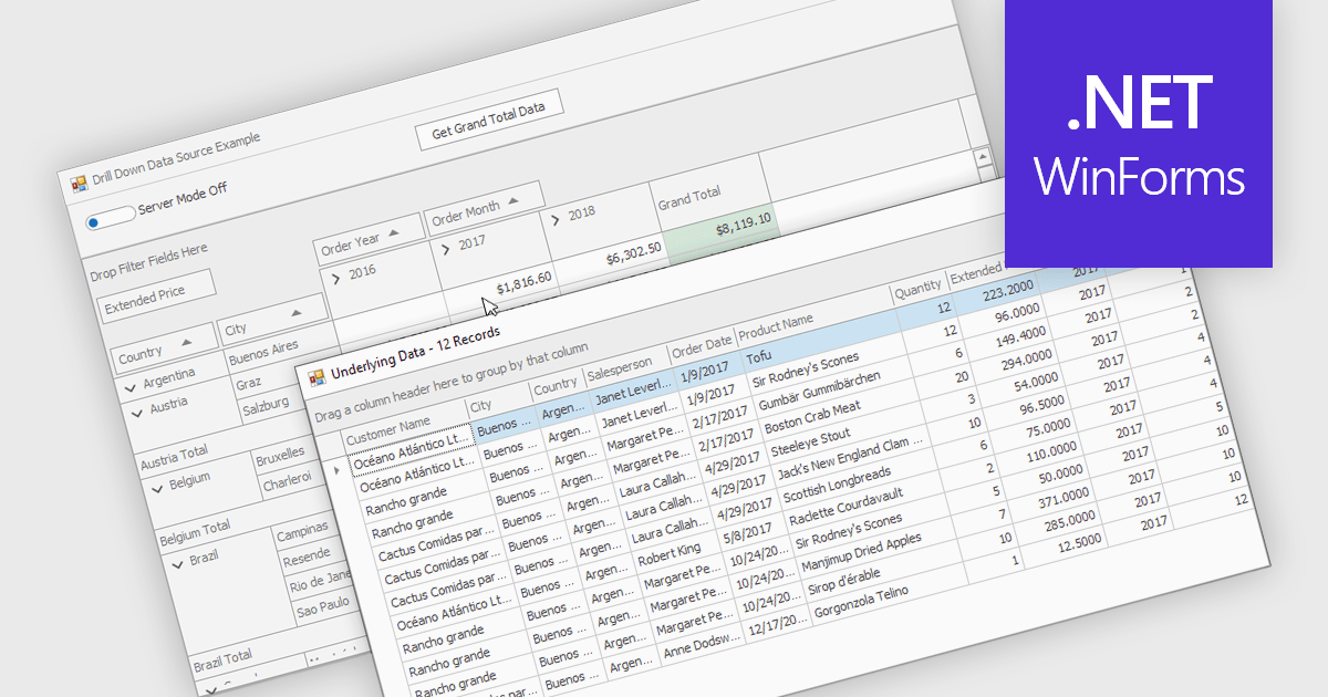 ComponentSource's tweet card. Drill-down functionality in grids lets users move from summaries to detailed records in-place, improving clarity and data comprehension.
