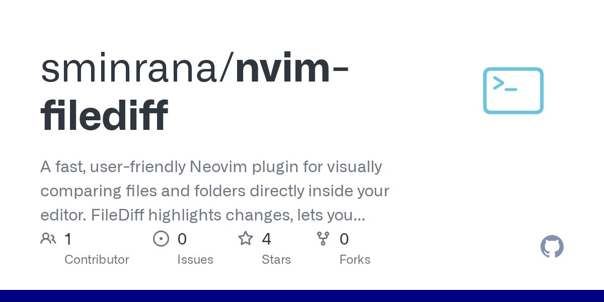 sminrana's tweet card. A fast, user-friendly Neovim plugin for visually comparing files and folders directly inside your editor. FileDiff highlights changes, lets you sync differences with keymaps, and supports both file...