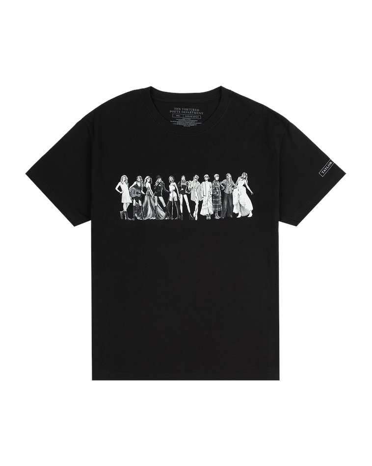 AlertsForMerch's tweet card. Black t-shirt featuring Taylor Swift Eras illustration design printed on front and "Taylor Swift" printed on wearer's left sleeve. Standard fit.100% cottonLimit 4 per order.Machine wash cold with...