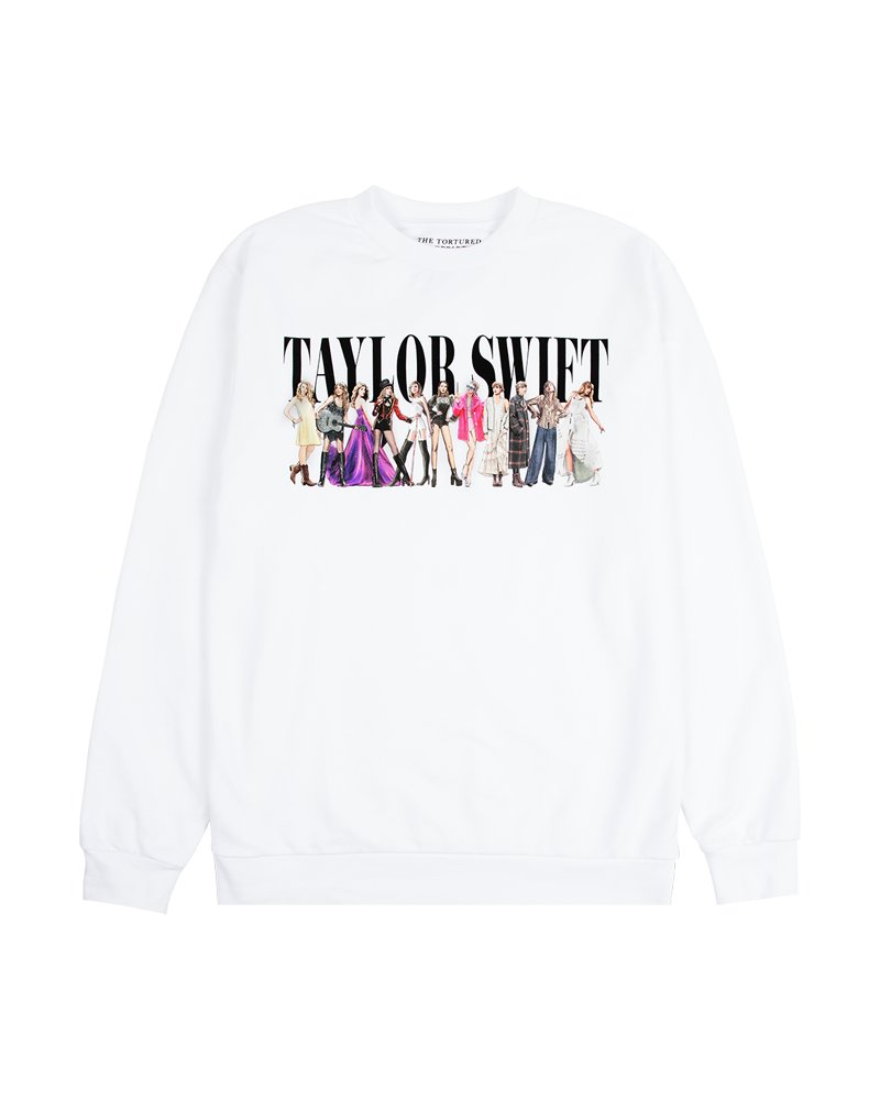 AlertsForMerch's tweet card. White crewneck featuring "Taylor Swift" and Taylor Swift Eras illustration design printed on front. Standard fit.100% cottonLimit 4 per order.Machine wash cold with like colors. Do not bleach. Tumble...