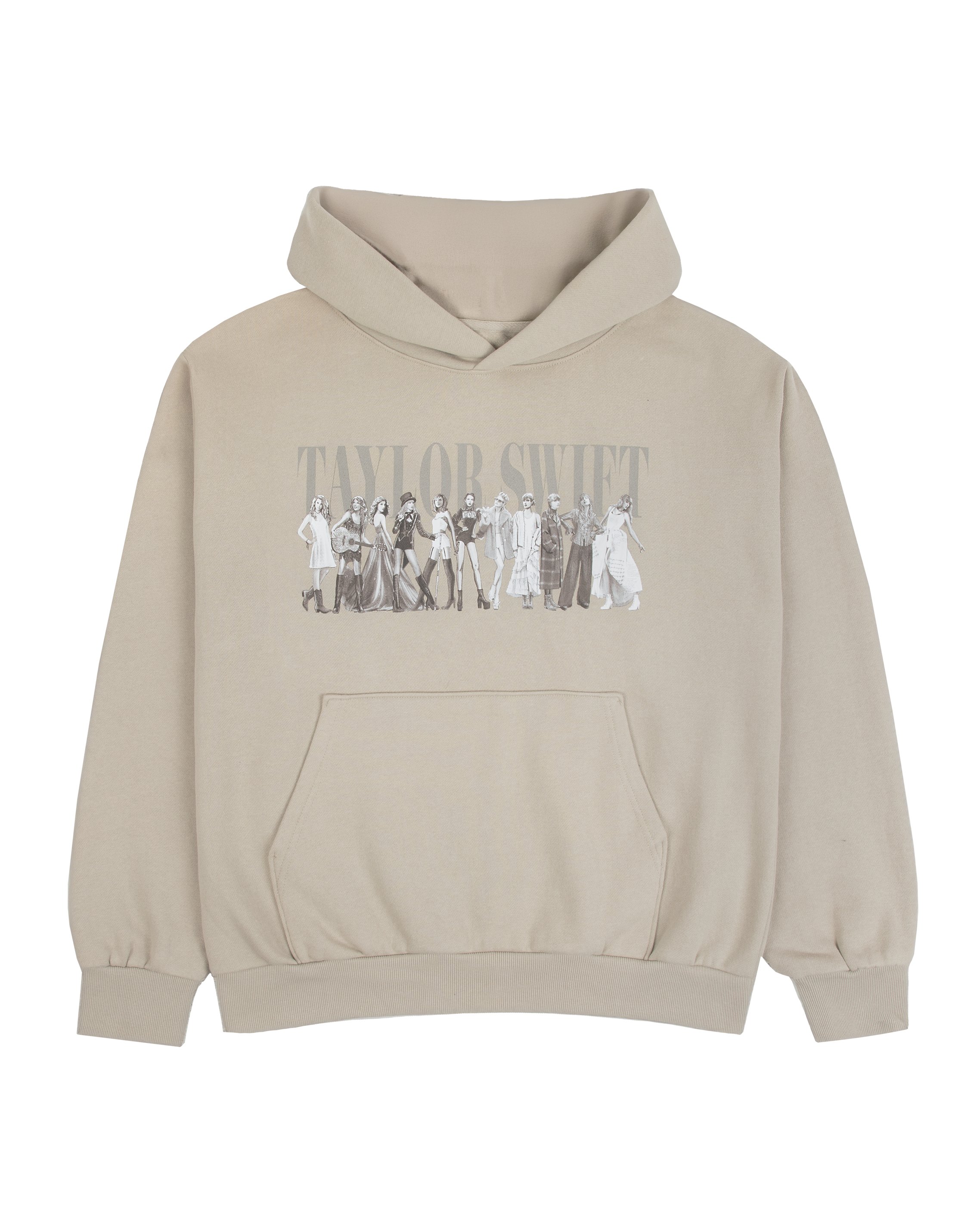 AlertsForMerch's tweet card. Beige hoodie with front pocket featuring "Taylor Swift" and Taylor Swift Eras illustration design printed on front. Standard fit.100% cottonLimit 4 per order.Machine wash cold with like colors. Do...