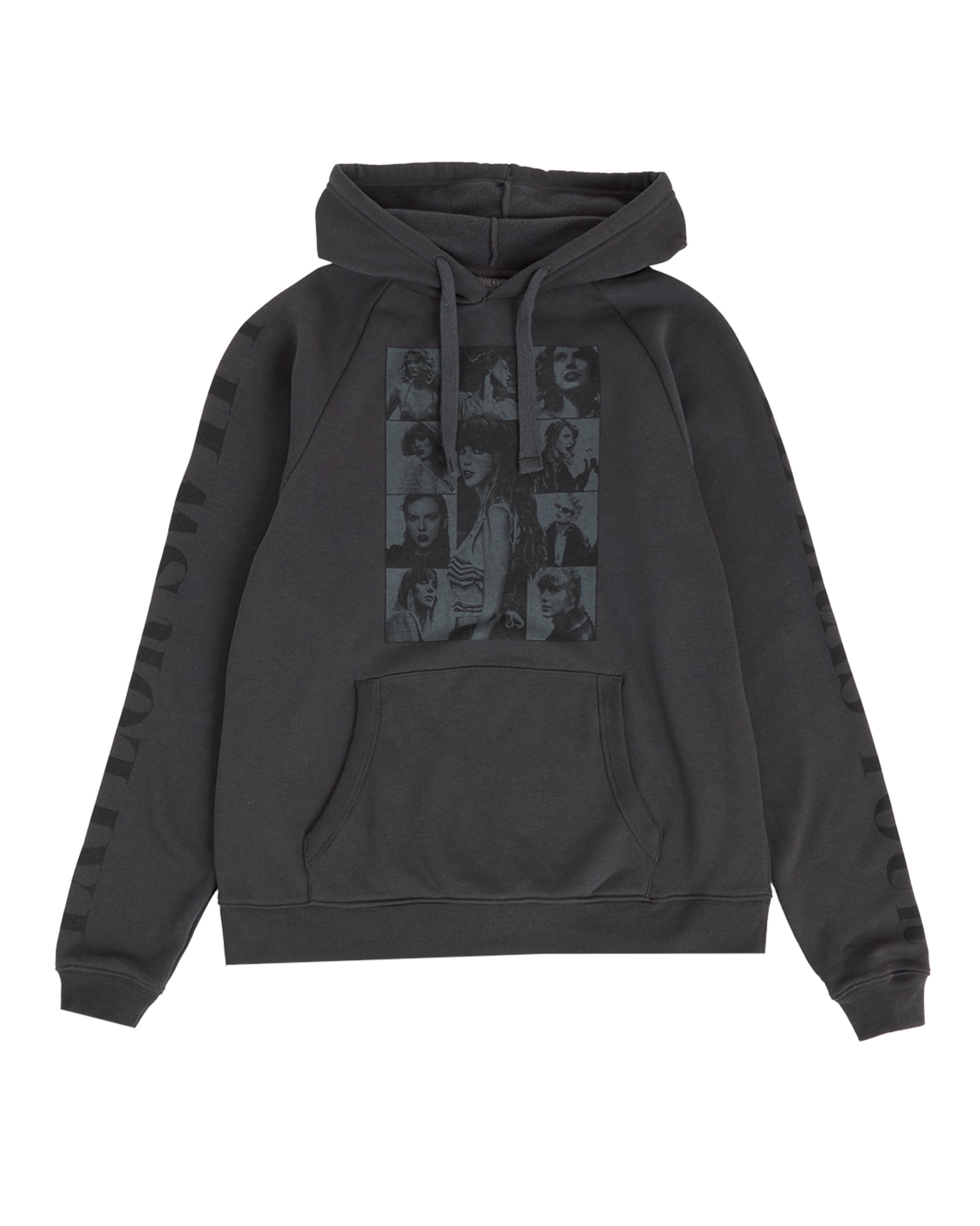 AlertsForMerch's tweet card. Black hoodie with front pocket featuring photos of Taylor Swift printed on front with "Taylor Swift" printed on wearer's right sleeve and "The Eras Tour" printed on wearer's left sleeve with "Taylor...