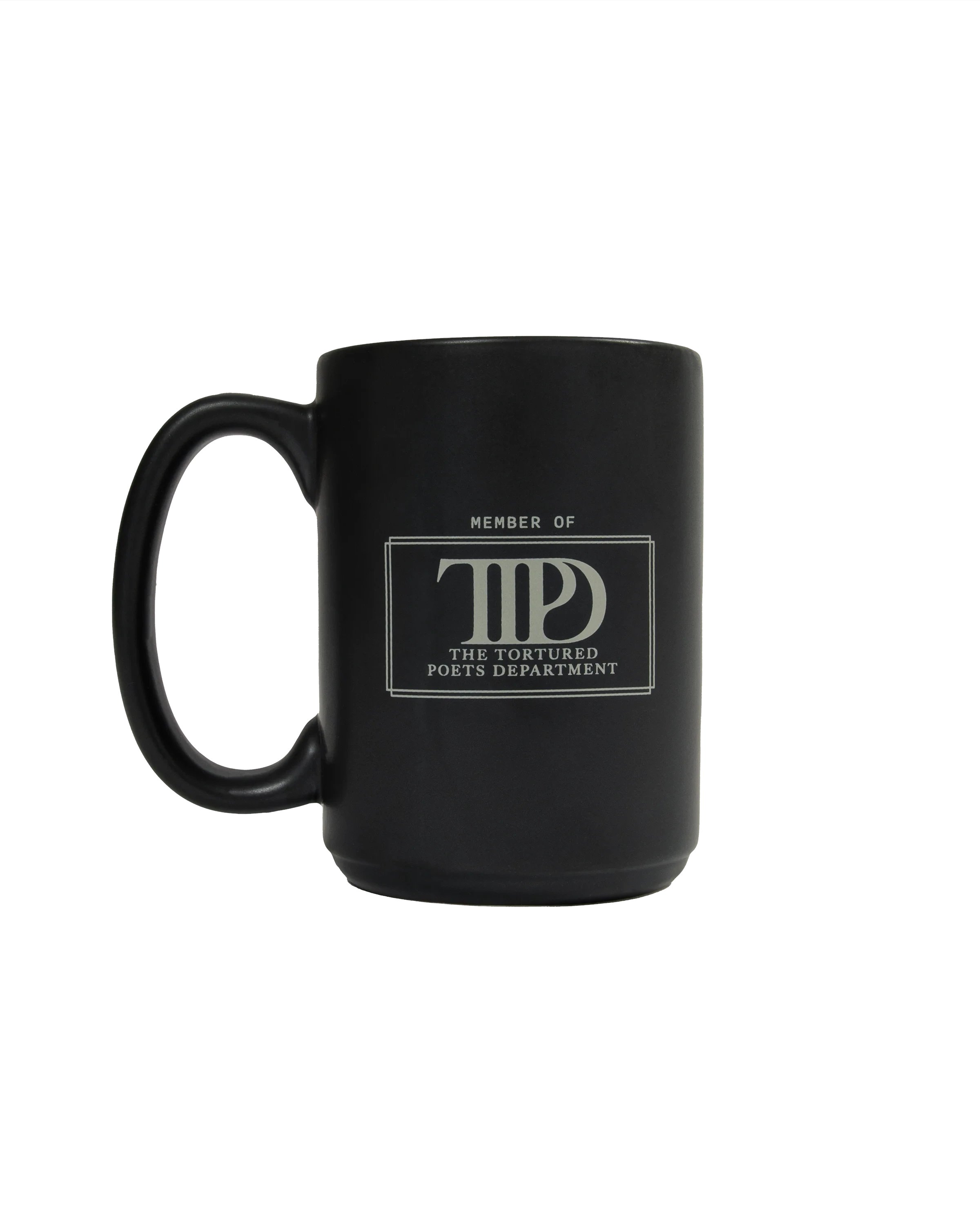 AlertsForMerch's tweet card. Black mug featuring double line design, "Member of", "TTPD" album logo, and "The Tortured Poets Department" printed on front with "Taylor Swift" printed on back with box design.15ozCeramicHand wash...