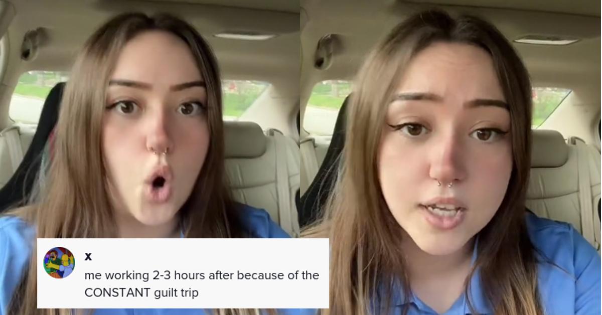 Distractify's tweet card. A TikToker went viral after venting about bosses and coworkers who get upset at employees who leave right when their shifts end.