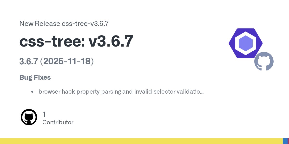 geteslint's tweet card. 3.6.7 (2025-11-18) Bug Fixes browser hack property parsing and invalid selector validation (#98) (2f5781c) nested element selector parsing in DeclarationList context (#85) (f6222c9)