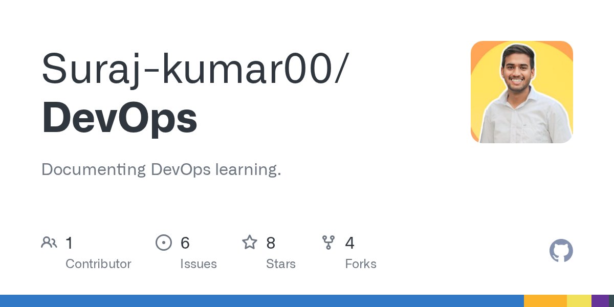 surajk_umar01's tweet card. Documenting DevOps learning. Contribute to Suraj-kumar00/DevOps development by creating an account on GitHub.
