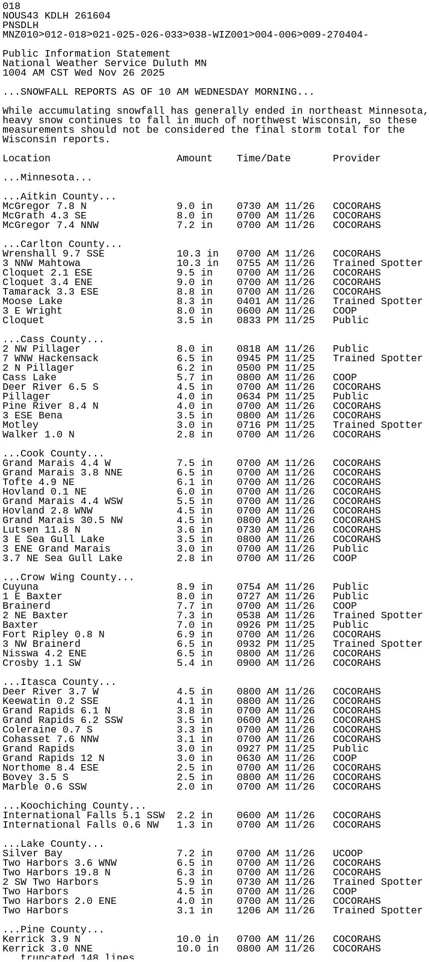 iembot_dlh's tweet card. PNS issued by NWS DLH at 26 Nov 2025 16:04 UTC