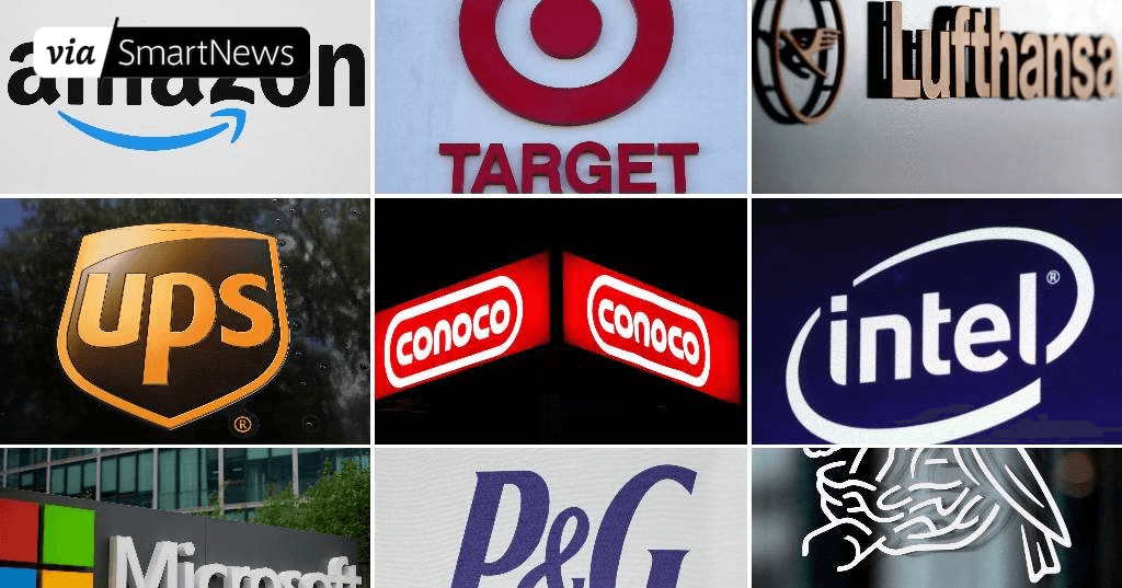 alexq1lab's tweet card. This undated combination of photos shows clockwise from top left the company logos for Amazon, Target, Lufthansa Group, UPS, ConocoPhillips, Intel, Microsoft...