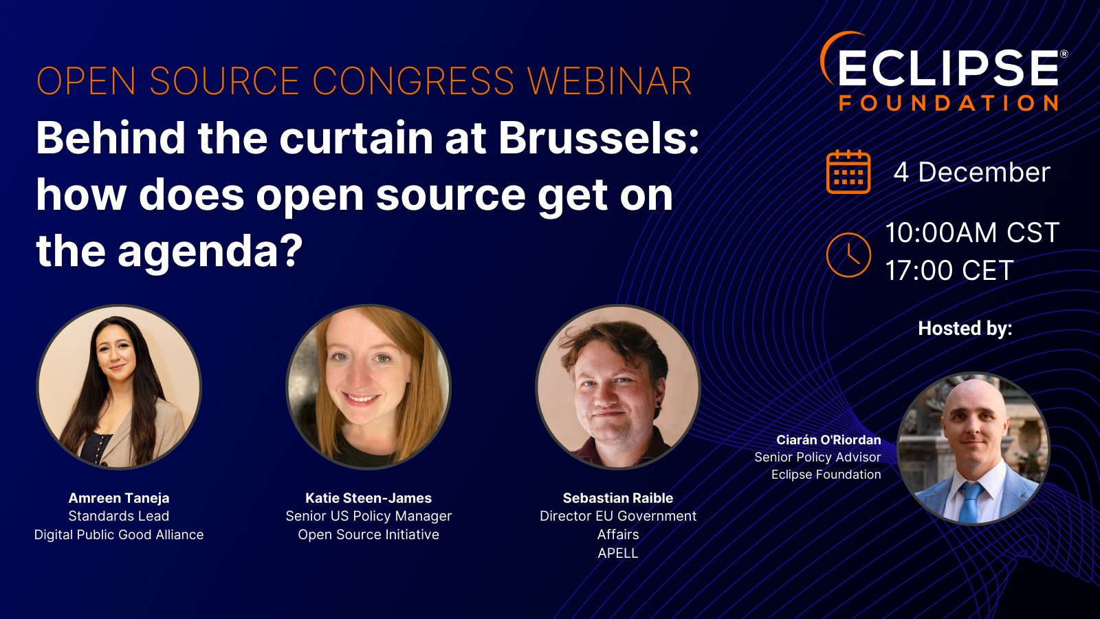 EclipseFdn's tweet card. Register now for Open Source Congress webinar - Behind the curtain at Brussels: how does open source get on the agenda? on crowdcast, scheduled to go live on December 4, 2025, 05:00 PM GMT+1.