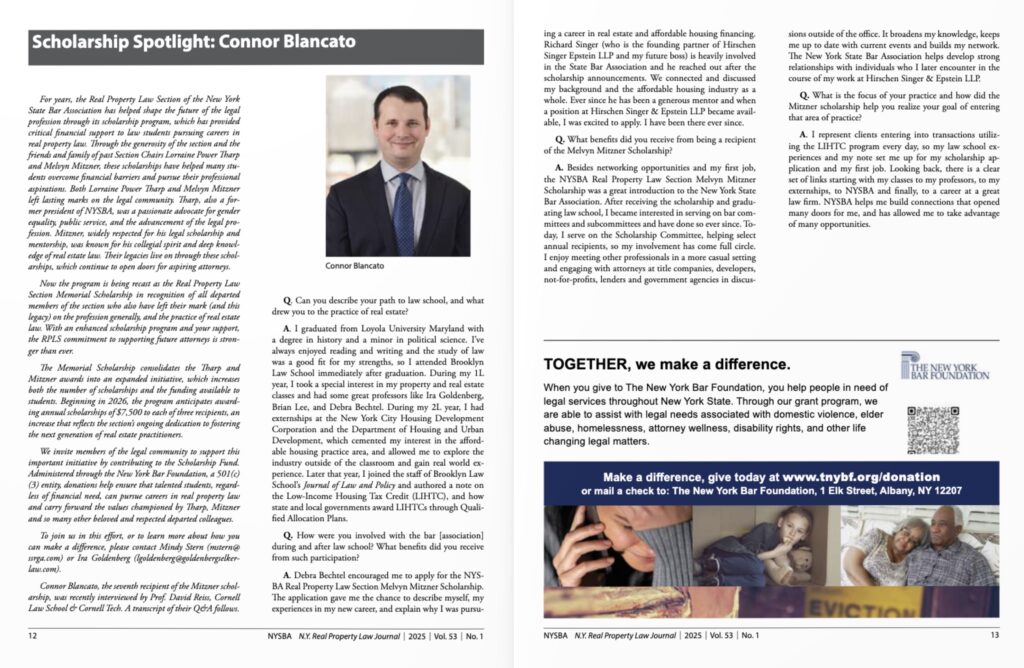 REFinBlog's tweet card. I interviewed Connor Blancato, an up-and-coming real estate lawyer, for the New York Real Property Law Journal. The interview emphasizes the importance of mentorship  for new lawyers. Click on the …