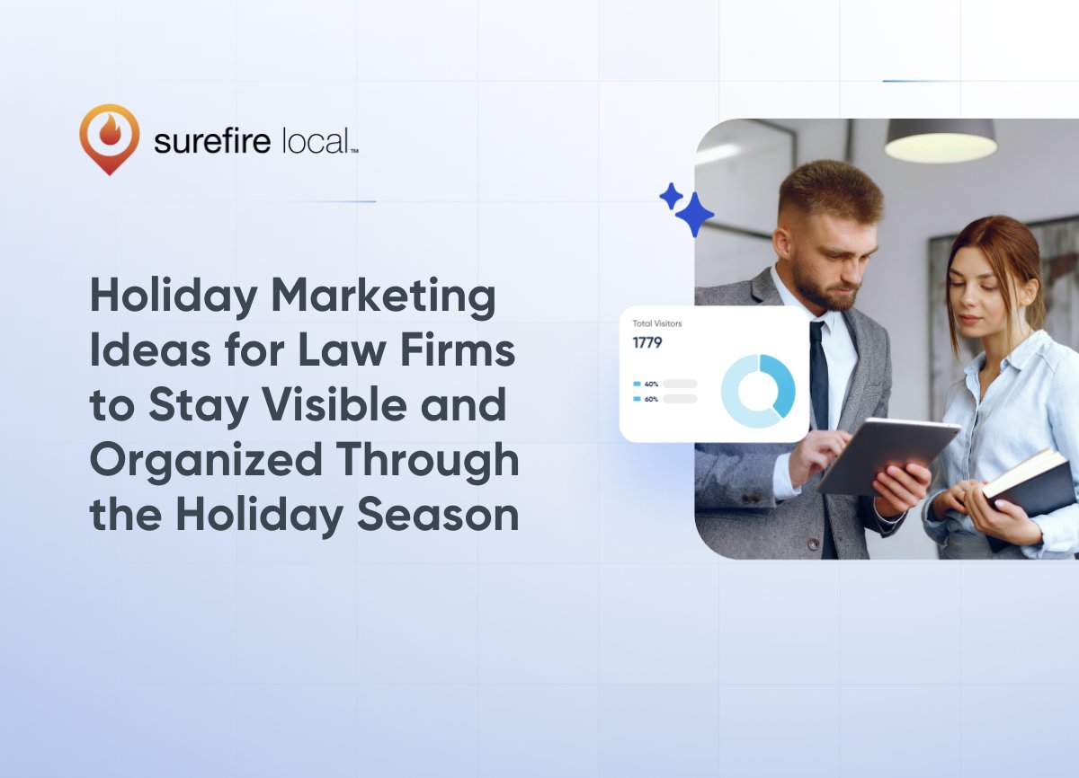 SurefireLocal's tweet card. Learn how law firms can balance client demands, holiday schedules, and marketing using automation tools that boost visibility and streamline reviews.