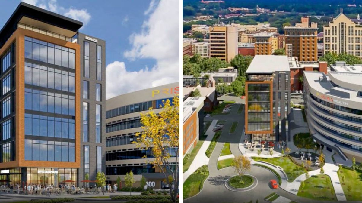 UpstateBiz's tweet card. Hughes Commercial's proposed mixed-use building would be located on a 0.97-acre parcel at the intersection of Court Street and Falls Street.