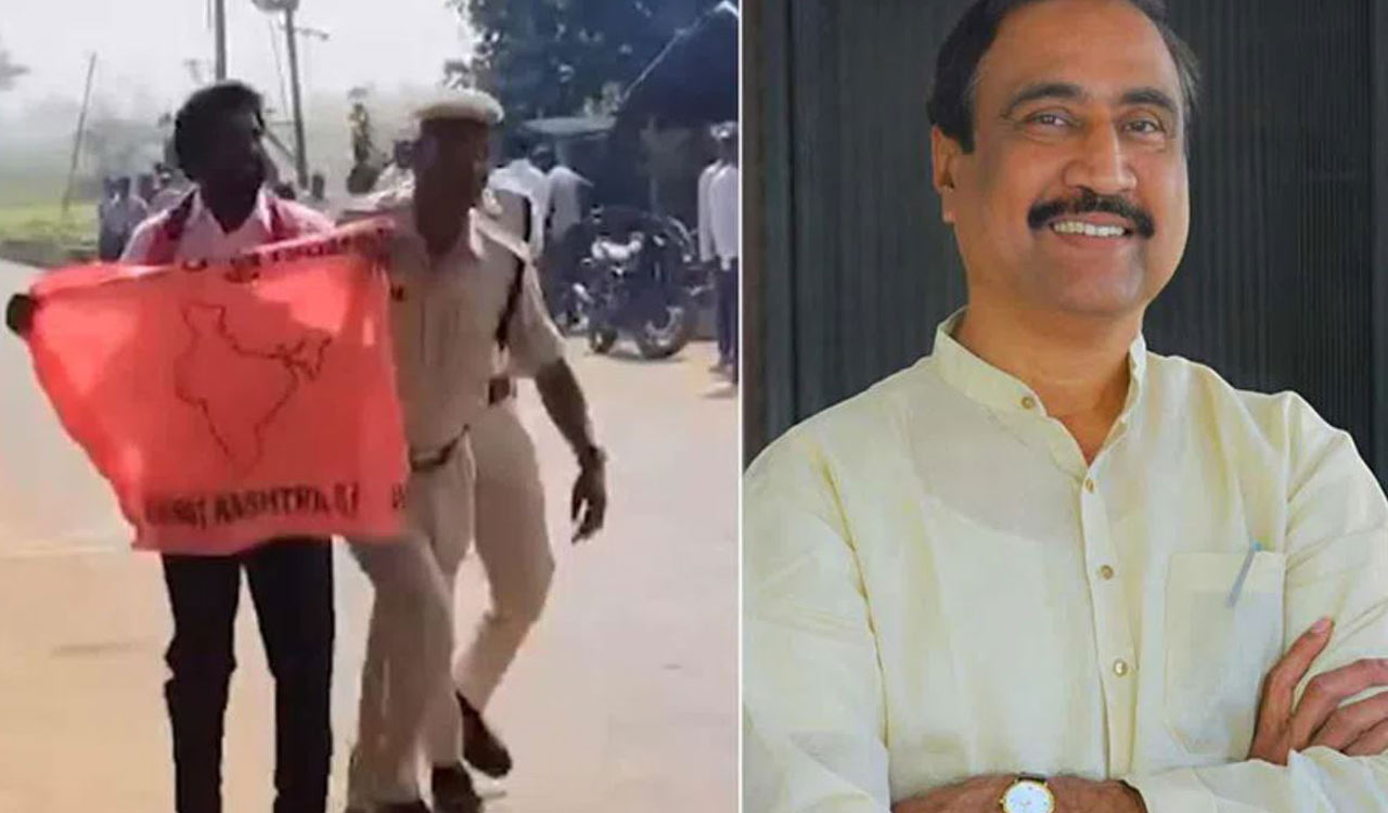 TelanganaToday's tweet card. Jagtial MLA Dr Sanjay Kumar, accused of political defection, faced an unusual situation when BRS worker Narapaka Ravinder attempted to place a party scarf on him during a programme in Bheerpur Mandal.