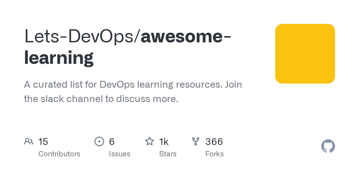 mfaisal_khatri's tweet card. A curated list for DevOps learning resources. Join the slack channel to discuss more. - Lets-DevOps/awesome-learning