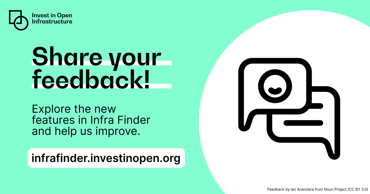 InvestInOpen's tweet card. Explore the latest enhancements to Infra Finder, including expanded filtering options and self-service updates, and share your feedback through our quick in-app survey to help us improve.
