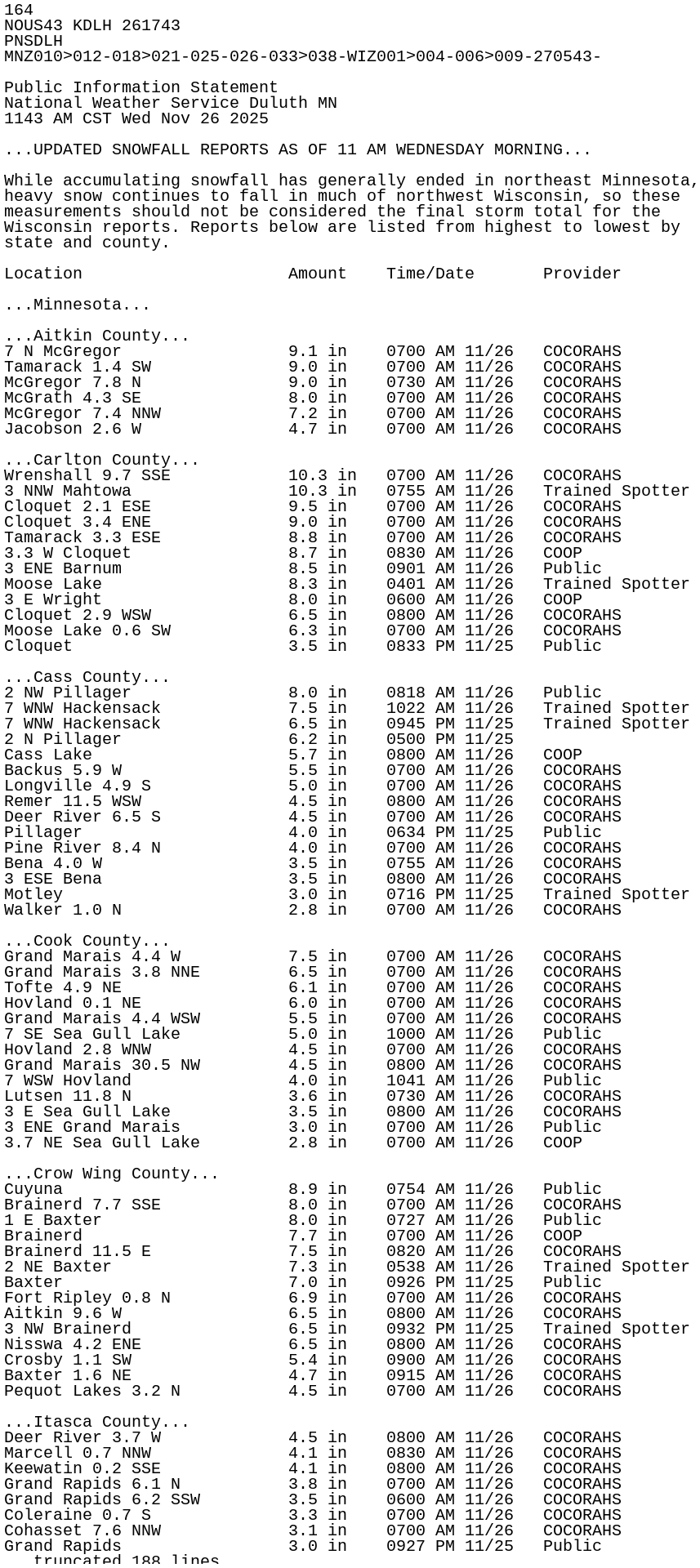 iembot_dlh's tweet card. PNS issued by NWS DLH at 26 Nov 2025 17:43 UTC