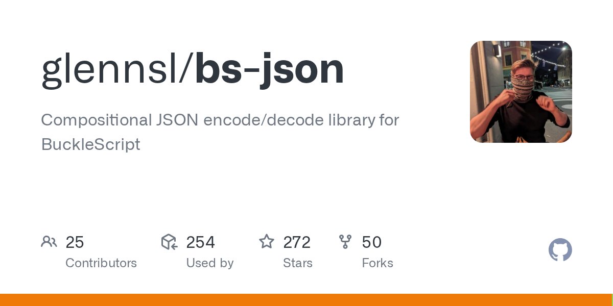 npmaddict's tweet card. Compositional JSON encode/decode library for BuckleScript - glennsl/bs-json