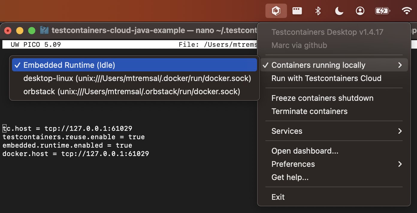 bsideup's tweet card. Testcontainers Desktop now embeds a lightweight and fast runtime, optimized for Testcontainers usage, on macOS 11 or later. To get started, simply select the "Embedded Runtime" in the menu then run...