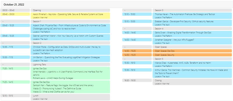 tampabaydevops's tweet card. The DevOpsDays Tampa Bay 2022 program is up and we have two tracks, DevOps and Security.