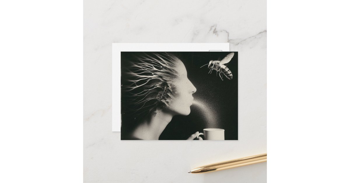 angelandspot's tweet card. A woman surreal morning coffee buzz black and white art