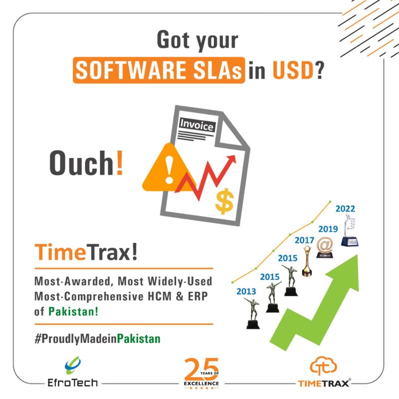 EfroTech's tweet card. Looking at the menacing flight of Dollar and the current pace of the PKR devaluation, an #OUCH does not do justice. But I am sure you #GET the point… GET TimeTrax Cloud HRMS & ERP #WhyNotMadeInPaki...