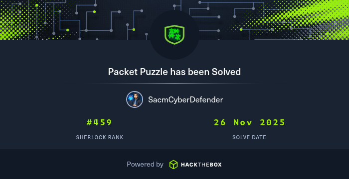 SmnCrvnts's tweet card. I have just solved sherlock Packet Puzzle from Hack The Box